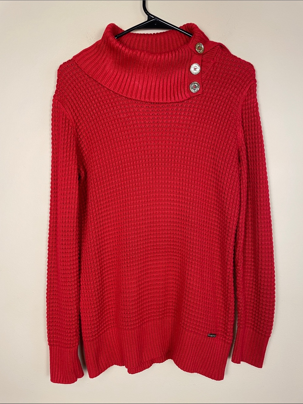 Calvin Klein Women's Chunky Knit Red Button-Detail Cozy Cowl Neck Sweater